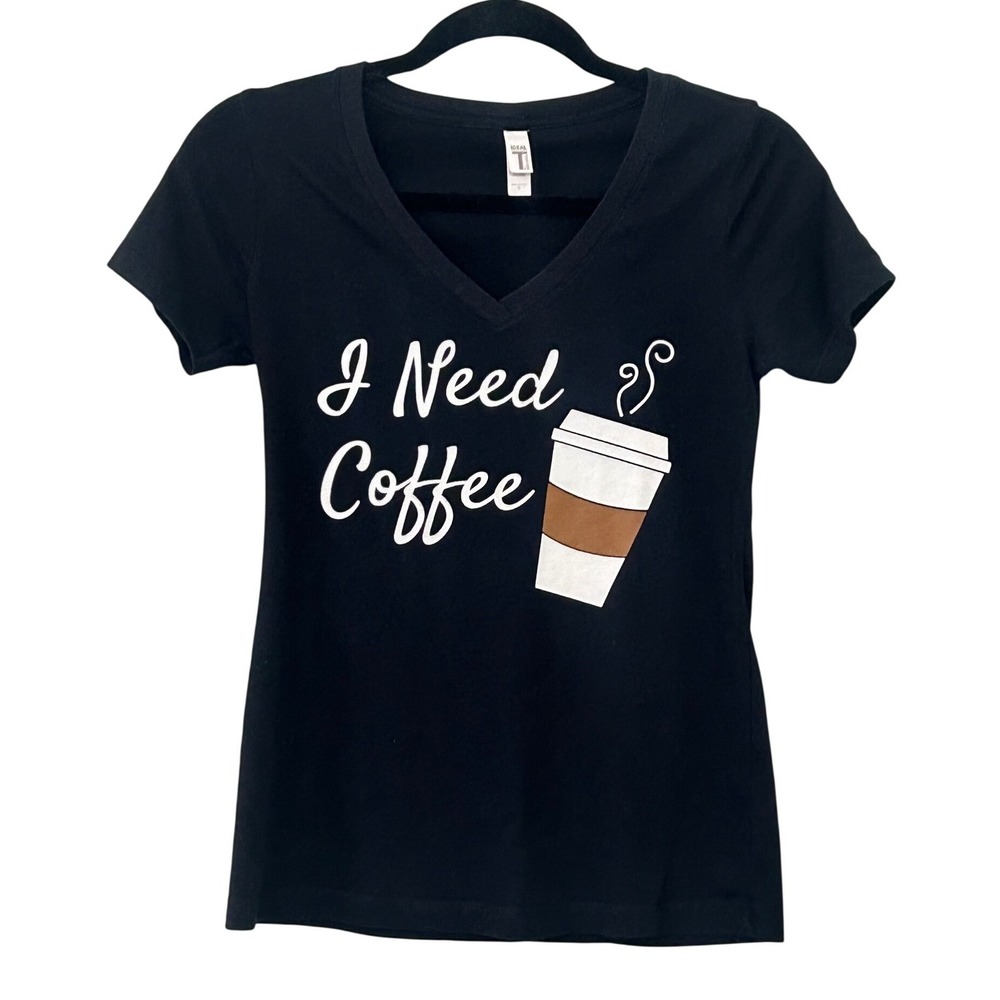 Black I Need Coffee Graphic Short Sleeve T-Shirt Womens Small V-Neck